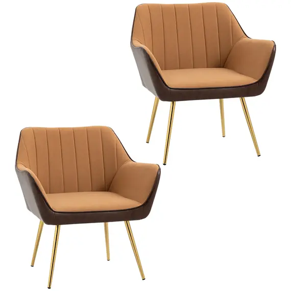 Buy Velvet Armchairs, Upholstered Accent Chairs with Golden Steel Legs, Modern Vanity Chairs for Living Room and Bedroom, Set of 2, Light Brown
