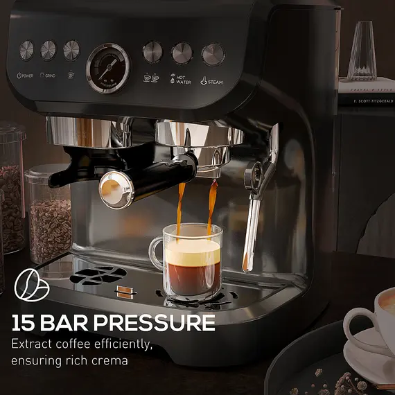 Buy 15 Bar Coffee Machine, with Adjustable Grind, Steamer and Accessories - Black, 6 image