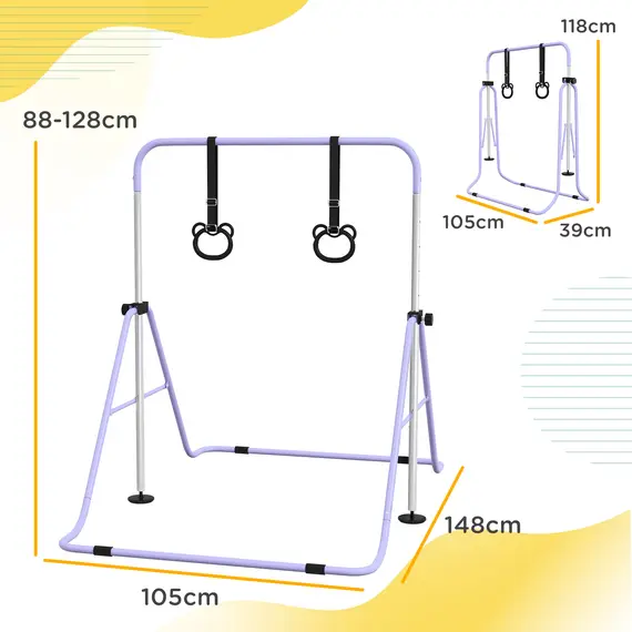 Buy HOMCOM Adjustable Height, Foldable Kids Gymnastics Bar w/ Non-slip Rubber Floor Rings, for 3+ Years, Purple, 3 image