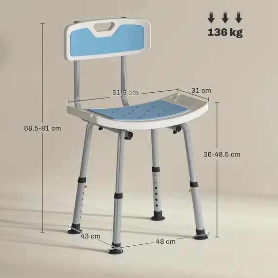 Buy Shower Stool with Backrest, Height Adjustable Shower Chair with Anti-slip Foot Pads, Shower Head Holder, Light Blue, 3 image