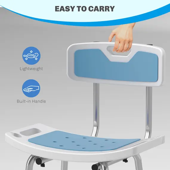 Buy Shower Stool with Backrest, Height Adjustable Shower Chair with Anti-slip Foot Pads, Shower Head Holder, Light Blue, 8 image
