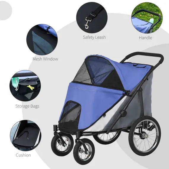 Buy Foldable Pet Stroller, with Washable Cushion, Storage Bags, Safety Leash, for Medium, Large Dogs, Cats - Blue, 6 image