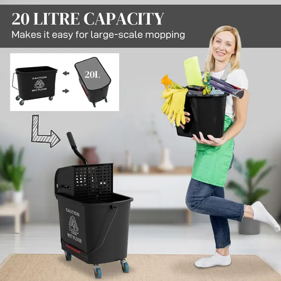 Buy 20L Compact Mop Bucket on Wheels, with Water Separation Panel - Black, 3 image
