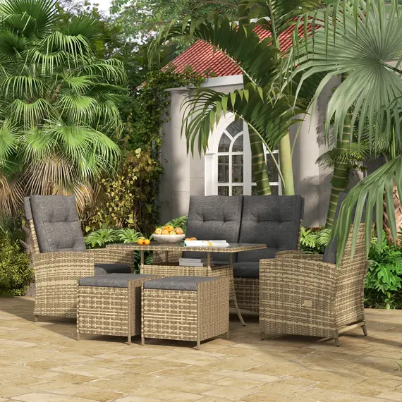 Buy Outsunny Six-Piece Rattan Garden Set, with Reclining Chairs - Grey, 2 image