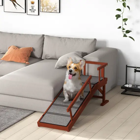 Buy Wooden Dog Ramp with Removable Guardrails, Non-Slip Surface, 125 cm Long, Brown, 2 image