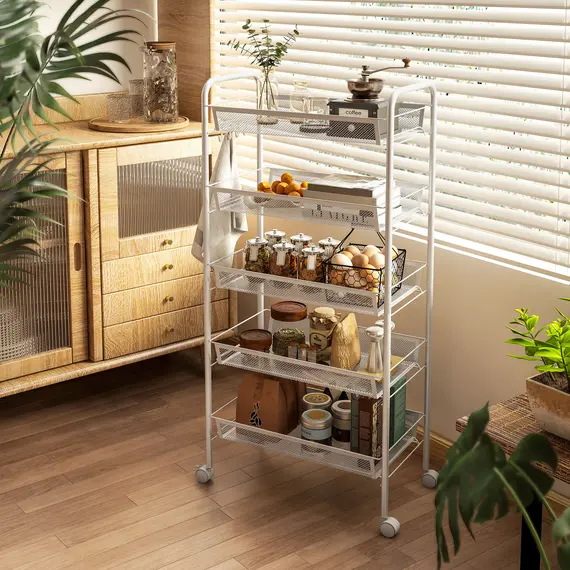 Buy Five-Steel Mesh Basket Storage Trolley, with Wheels - White, 2 image