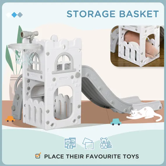 Buy 5 in 1 Toddler Slide with Basketball Hoop, Climber, Telescope, Storage Basket, for Ages 1-3 Years, Grey, 7 image