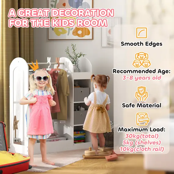Buy Kids Clothes Rail with Storage Shelf, Boxes, Mirror for Bedroom, Nursery, White, 6 image