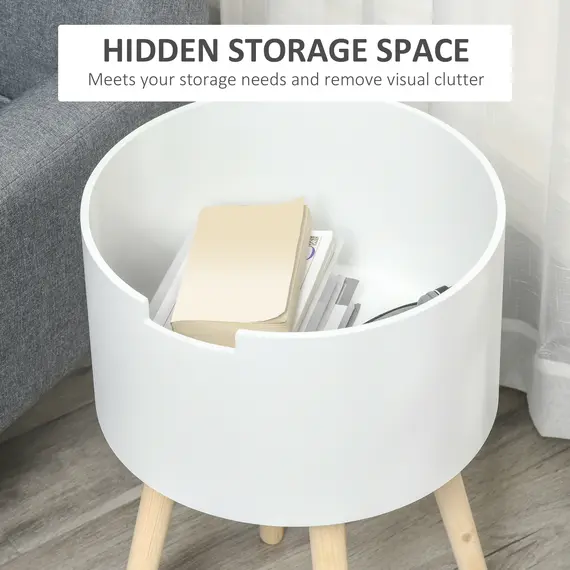 Buy Modern Side Table with Hidden Storage Space, Round Night Stand with Removable Tray Wood Frame End Coffee Table for Living Room, Set of 2, White, 4 image