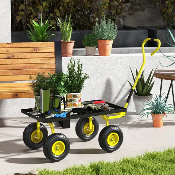 Buy Outsunny Garden Trolley Cart, Heavy Duty Garden Cart with Metal Frame, 10" Pneumatic Wheels, Rotating Handle, 150kg Capacity, for Garden, Farm, Yellow, 7 image