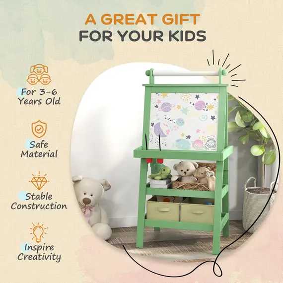 Buy 3 in 1 Kids Easel Double-Sided Magnetic Whiteboard and Chalkboard with Paper Roll, Storage Baskets - Green, 6 image