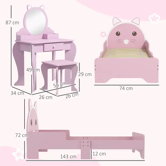 Buy ZONEKIZ Wooden Kids Bedroom Furniture Set with Kids Dressing Table, Stool, Bed, for 3-6 Years, Cat-Design, 3 image