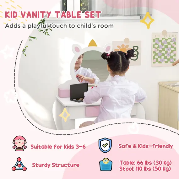Buy ZONEKIZ Kids Bedroom Furniture Set with Kids Dressing Table with Mirror and Stool, Toddler Bed Frame for 3-6 Years, Unicorn Design, 7 image