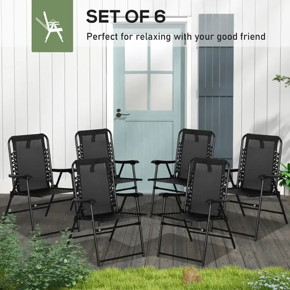 Buy Outsunny 6 Pcs Patio Folding Chair Set, Outdoor Portable Loungers for Camping Pool Beach Deck, Lawn w/ Armrest Steel Frame Black, 4 image