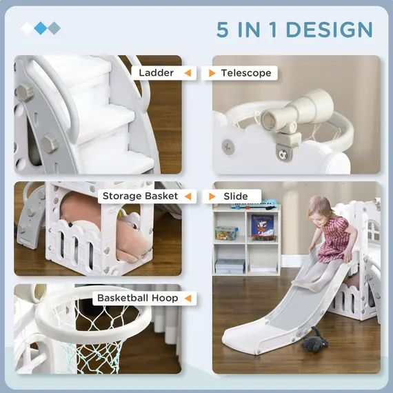 Buy 5 in 1 Toddler Slide with Basketball Hoop, Climber, Telescope, Storage Basket, for Ages 1-3 Years, Grey, 4 image