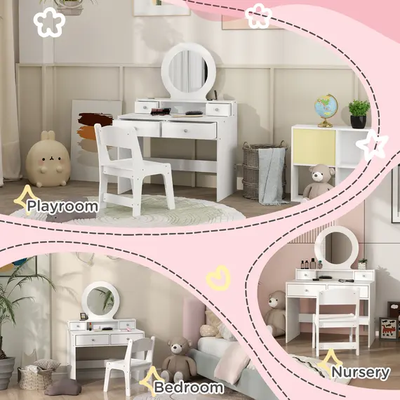 Buy Kids Dressing Table Set Kids Make up Table with Stool and Mirror, Storage Drawers, Gift for Aged 3-8, 7 image