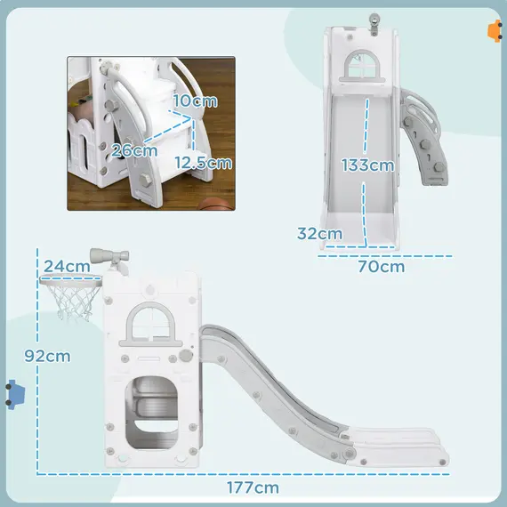Buy 5 in 1 Toddler Slide with Basketball Hoop, Climber, Telescope, Storage Basket, for Ages 1-3 Years, Grey, 3 image