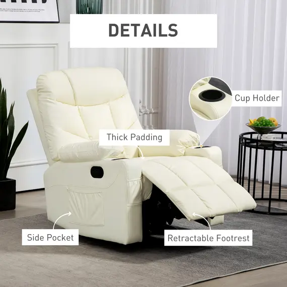 Buy Manual Reclining Chair, Recliner Armchair with Swivel, Faux Leather, Footrest, Cup Holders, 86x93x102cm, Cream, 6 image