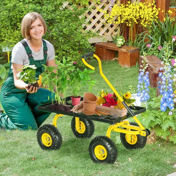 Buy Outsunny Garden Trolley Cart, Heavy Duty Garden Cart with Metal Frame, 10" Pneumatic Wheels, Rotating Handle, 150kg Capacity, for Garden, Farm, Yellow, 2 image