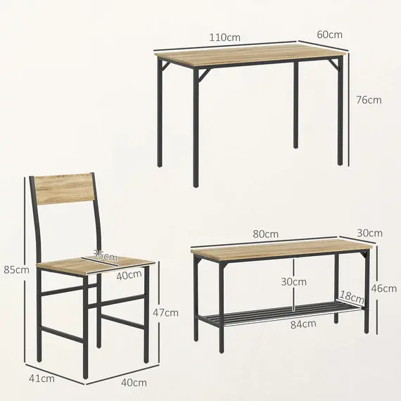 Buy Square Dining Set for 4 Persons, Table, Chairs and Bench Included, Natural Wood Effect, 3 image