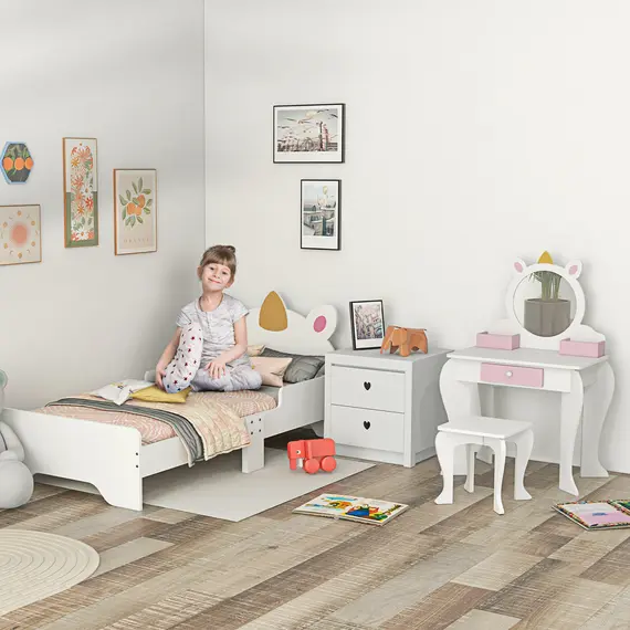 Buy ZONEKIZ Kids Bedroom Furniture Set with Kids Dressing Table with Mirror and Stool, Toddler Bed Frame for 3-6 Years, Unicorn Design, 2 image