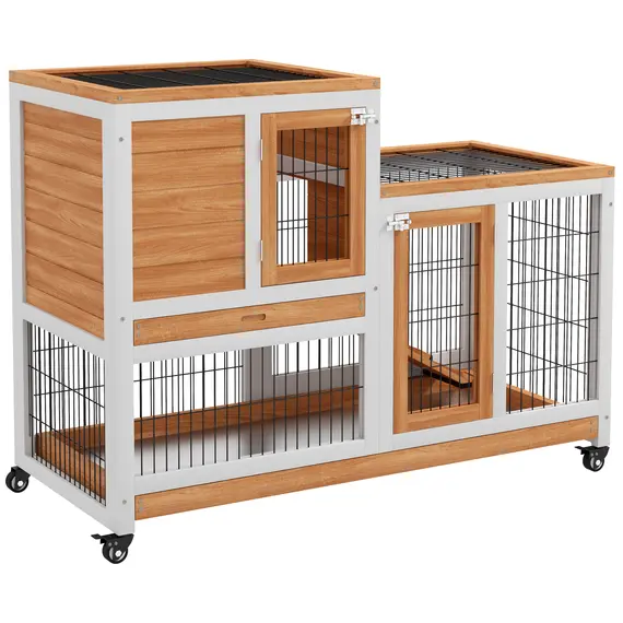 Buy Wooden Indoor Hutch Elevated Cage w/ Wheel, Run, Yellow