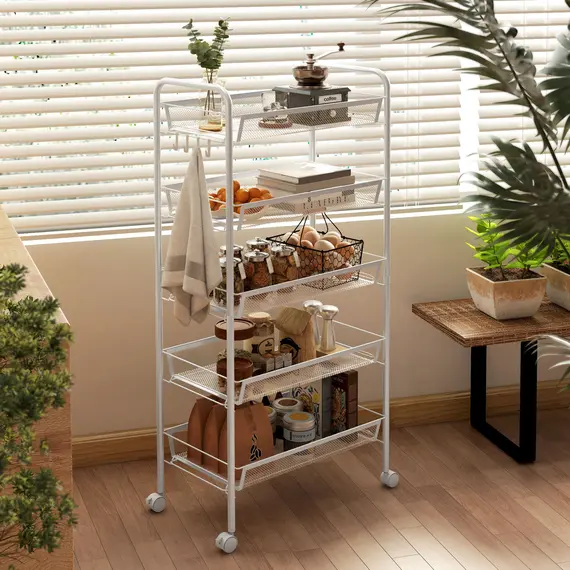 Buy Five-Steel Mesh Basket Storage Trolley, with Wheels - White, 8 image
