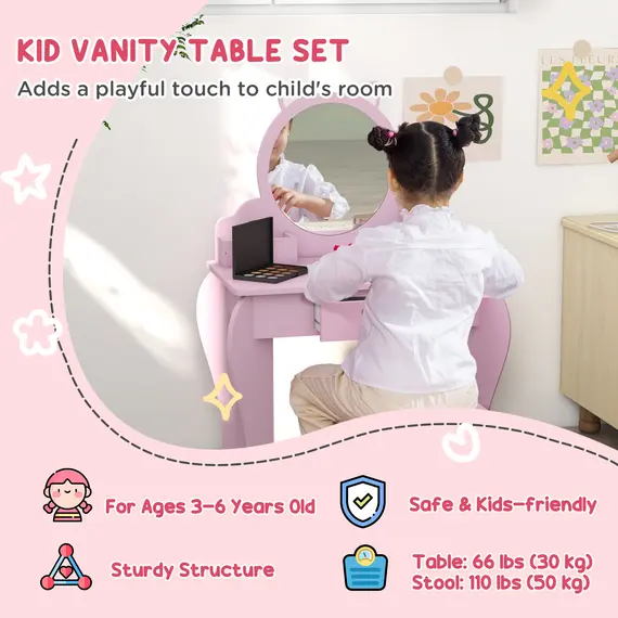 Buy ZONEKIZ Wooden Kids Bedroom Furniture Set with Kids Dressing Table, Stool, Bed, for 3-6 Years, Cat-Design, 4 image