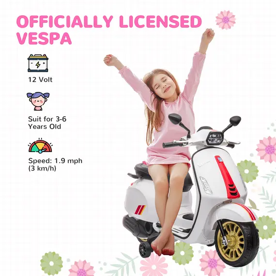 Buy 12V Vespa Licensed Kids Electric Motorbike w/ Music, Lights, FM Radio, for 3-6 Years - White, 4 image