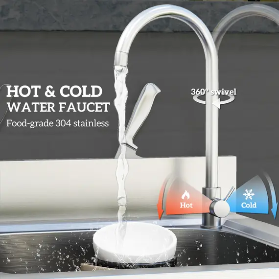Buy Outdoor Utility Sink, Stainless Steel Free Standing Single Bowl Kitchen Sink with Cold and Hot Water Pipe and Storage Shelf for Laundry Garage, 55 x 50 x 100 cm, 6 image