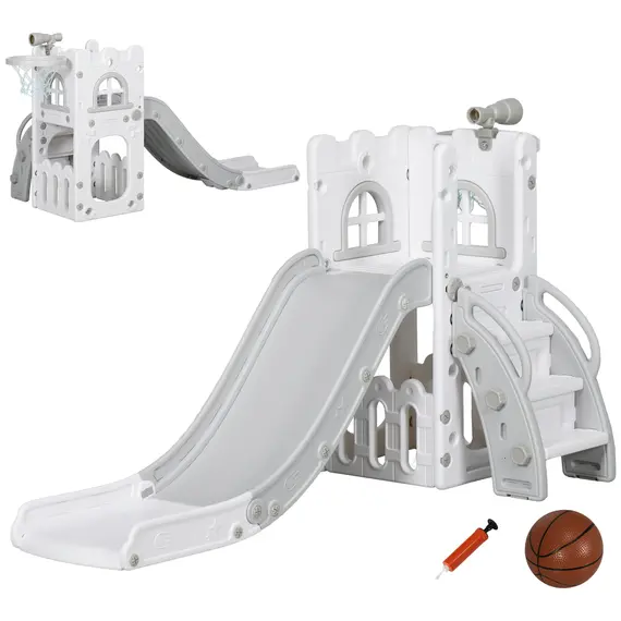 Buy 5 in 1 Toddler Slide with Basketball Hoop, Climber, Telescope, Storage Basket, for Ages 1-3 Years, Grey