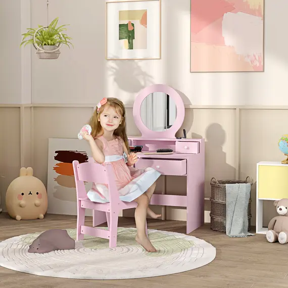Buy Kids Dressing Table Set Kids Make up Table with Stool and Mirror, Storage Drawers, Gift for Aged 3-8, 2 image