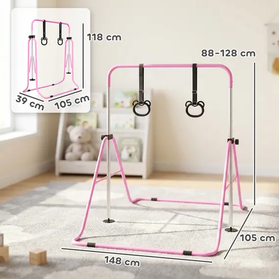 Buy HOMCOM Adjustable Height, Foldable Kids Gymnastics Bar w/ Non-slip Rubber Floor Rings, for 3+ Years, Pink, 3 image