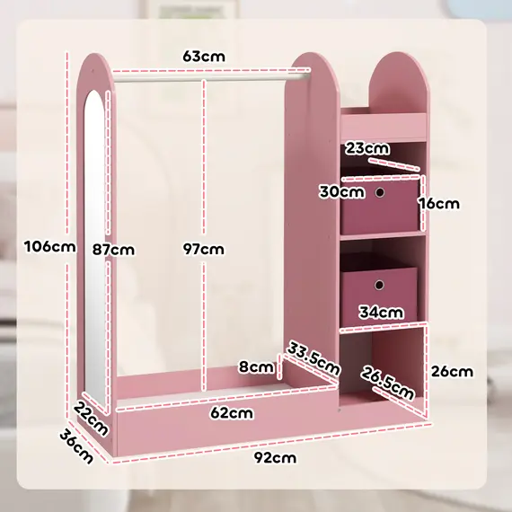 Buy Kids Clothes Rail with Storage Shelf, Boxes, Mirror for Bedroom, Nursery, Pink, 3 image