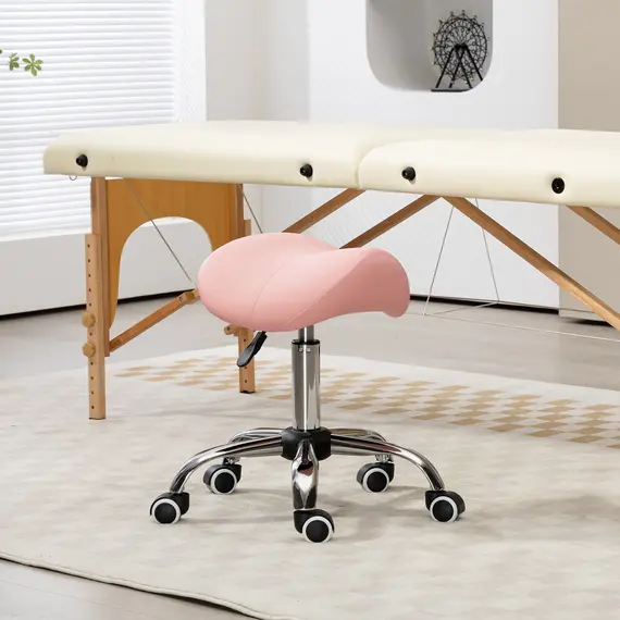 Buy HOMCOM Saddle Stool, Height Adjustable Salon Chair for Massage Spa, Faux Leather, Pink, 2 image