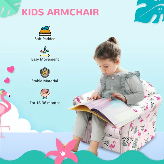 Buy Kids Armchair with Flamingo Design, Wooden Frame, for Bedroom, Playroom, Kids Room - Pink, 7 image