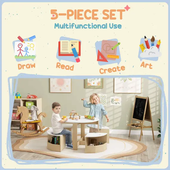 Buy AIYAPLAY Five-Piece Kids Table and Chairs Set with Storage, for Ages 3-8 Years, White, 4 image
