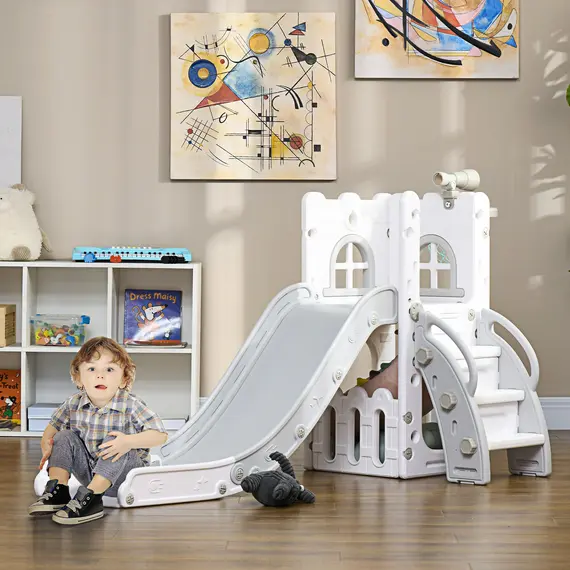 Buy 5 in 1 Toddler Slide with Basketball Hoop, Climber, Telescope, Storage Basket, for Ages 1-3 Years, Grey, 2 image