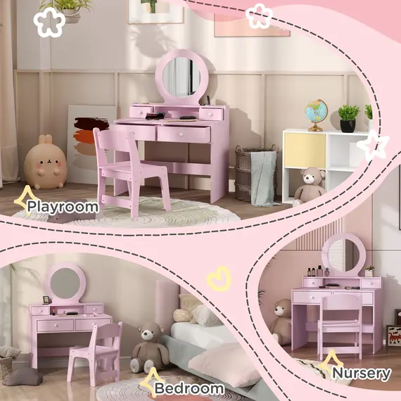Buy Kids Dressing Table Set Kids Make up Table with Stool and Mirror, Storage Drawers, Gift for Aged 3-8, 7 image