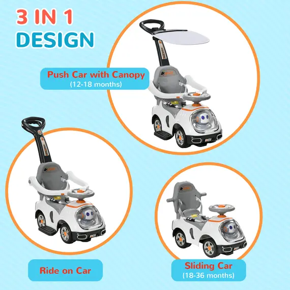 Buy 3 in 1 Ride on Push Car, Cartoon Robot Theme Foot to Floor Slider w/ Handle Light Music Horn, Storage - White, 3 image