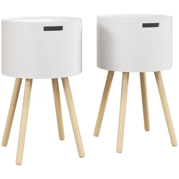 Buy Modern Side Table with Hidden Storage Space, Round Night Stand with Removable Tray Wood Frame End Coffee Table for Living Room, Set of 2, White
