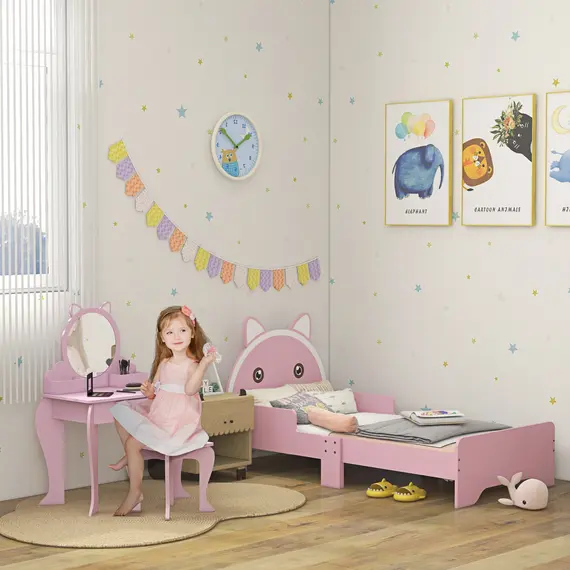 Buy ZONEKIZ Wooden Kids Bedroom Furniture Set with Kids Dressing Table, Stool, Bed, for 3-6 Years, Cat-Design, 2 image