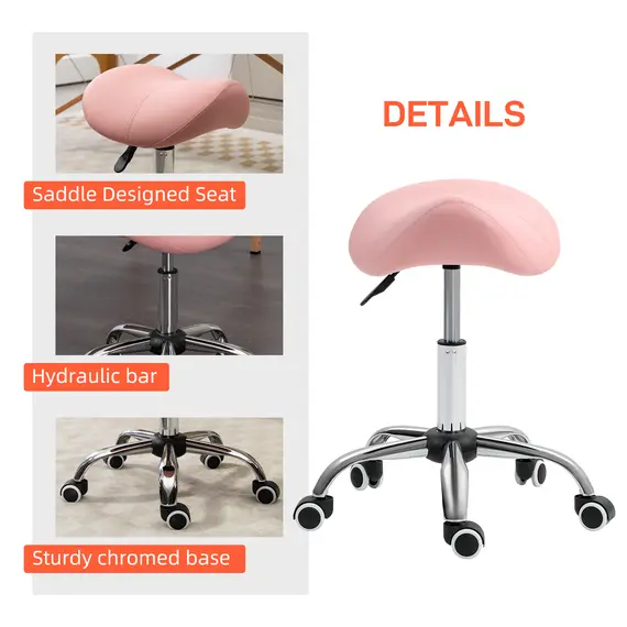Buy HOMCOM Saddle Stool, Height Adjustable Salon Chair for Massage Spa, Faux Leather, Pink, 6 image