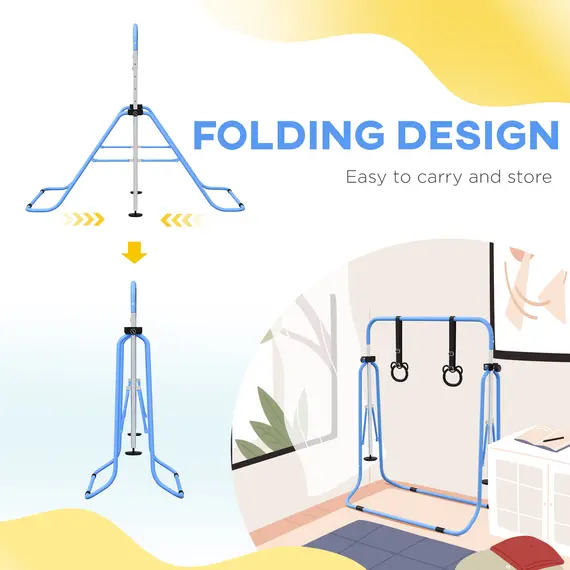 Buy HOMCOM Adjustable Height, Foldable Kids Gymnastics Bar w/ Non-slip Rubber Floor Rings, for 3+ Years, Green, 6 image