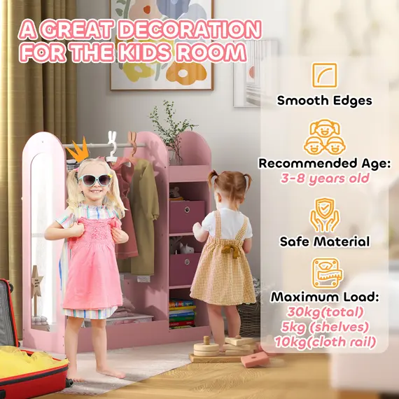 Buy Kids Clothes Rail with Storage Shelf, Boxes, Mirror for Bedroom, Nursery, Pink, 6 image