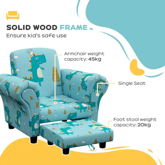 Buy 2 Piece Kids Sofa Set with Dinosaur Design, Wooden Frame, for 1.5-3 Years Old, Blue, 5 image