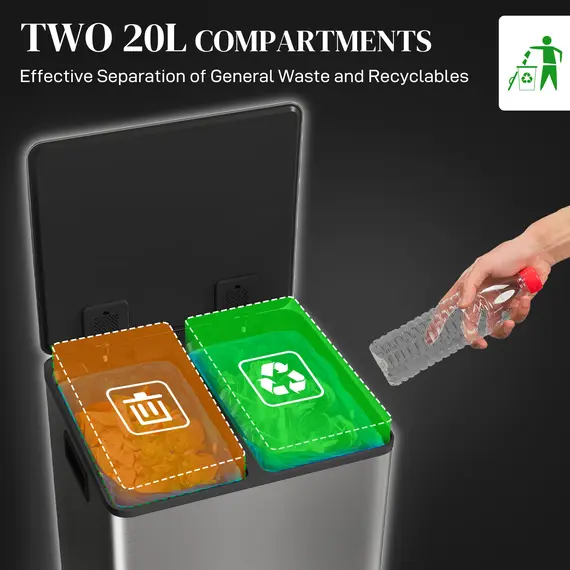 Buy HOMCOM 40L Dual Compartment Stainless Steel Bin, with Deodoriser Holders - Silver Tone, 4 image