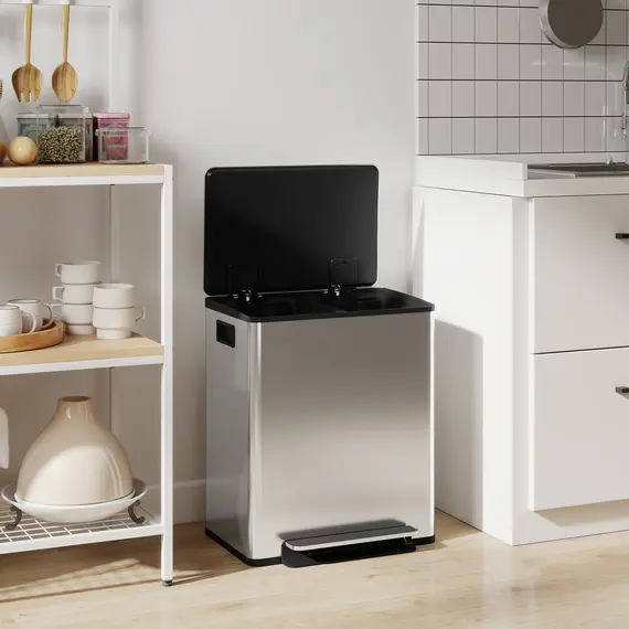 Buy HOMCOM 50L Dual Compartment Stainless Steel Bin, with Deodoriser Holders - Silver, 9 image