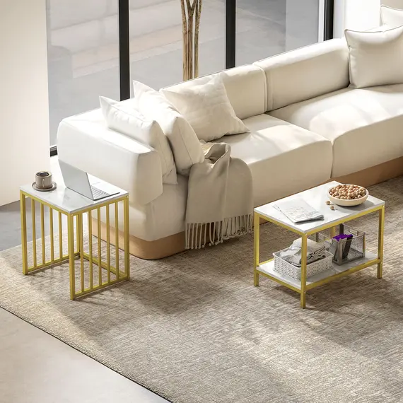 Buy Modern Coffee Table Set of Two, Marble-Effect Nesting Side Tables with Steel Frame for Living Room, Gold Tone, 8 image
