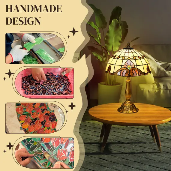 Buy Stained Glass Table Lamp, Handmade Antique Bedside Lamp, Decorative Night Light for Bedroom, Living room, Home, Nightstand, 4 image